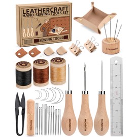 Fousnow Upholstery Repair Kit, Leather Sewing Kit with Thick Handle Sewing Awl, Upholstery Thread, Sewing Needles, Needle and Thread Kit Heavy Duty Sewing Tools for Repairing DIY Leather Crafts