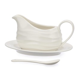 BSTKEY 13 Oz White Ceramic Gravy Boat with Tray and Spoon, Porcelain Saucer Pitcher with Sea Wave Pattern Decor for Thanksgiving Christmas, Sauce Boat Spout Set for Gravy Salad Dressings Creamer Milk