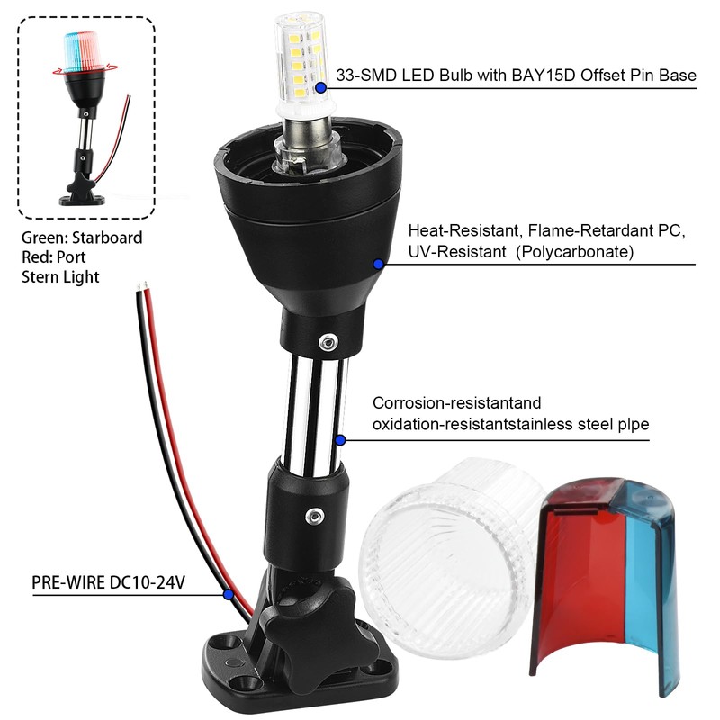 CLGMarine LED Tri-Color Navigation Light,Bimini Top Red-Green-White Combination Boat Bow