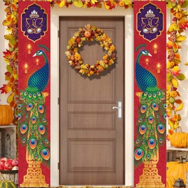 Happy Diwali Porch Banner,Indian Diwali Peacock Front Door Porch Welcome Sign Deepavali Festival of Lights Decorations for Home Doorway-12×71'' (RED 2)