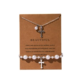 LANWLOSI Pearl Cross Necklace and Bracelet Set for Women Cross Pearl Bracelet Dainty Cross Pendant Necklace Easter First Communion Baptism Confirmation Jewelry Gifts for Daughter Granddaughter