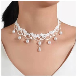 Allereya White Lace Choker Necklace, White Drop Crystal Necklace, Gothic Hollow Lace Necklace, 90s Victorian Tattoo Necklace, Jewelry for Women and Girls (White)