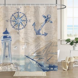 ZCHOMI Nautical Shower Curtain Sailboat Lighthouse Compass Anchor Ocean Beach Shower Curtains for Bathroom Waterproof Polyester Fabric Bathroom Curtain 72 x 72 Inch with 12 Hooks