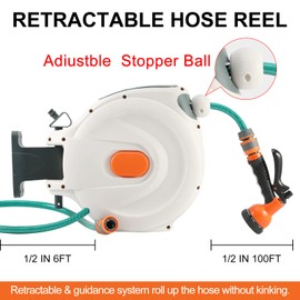 Retractable Garden Hose Reel, 100ft Wall Mounted Hose Holder with Auto Rewind, 180° Swivel Bracket – Heavy Duty Watering Equipment | Limited Stock
