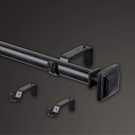 MODE Farmhouse Collection 1 1/8" Diameter Curtain Rod Set with Cottage Square Curtain Rod Finials and Steel Wall Mounted Adjustable Curtain Rod, Fits 36” to 72” Windows, Weathered Black