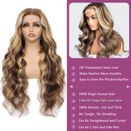 13x6 Lace Front Wigs Human Hair, Chocolate Brown Balayage Caramel Blonde Highlights Lace Front Wigs Human Hair 22 Inch Body Wavy Brown Mixed Blonde Highlights Glueless Lace Frontal Wigs Pre Plucked