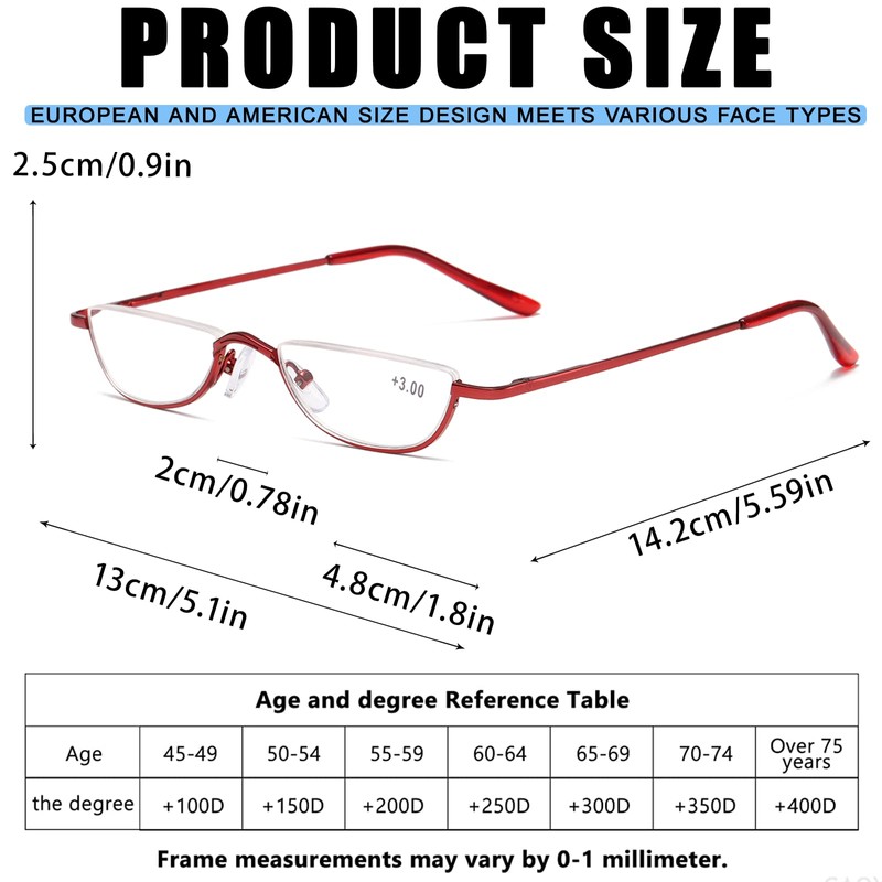 Viseng Half Frame Reading Glasses for Women Men Slim Half