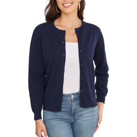 BERESIA Women's Cardigan with Buttons Classic Crew Neck Elegant, navy blue