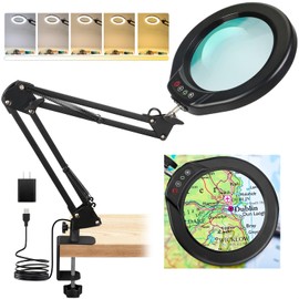 5 Inch Real Glass Magnifying Glass with Light and Clamp, 10X LED Adjustable Swivel Arm Desk Lamp, 5 Color Modes Brightness Steepless Dimmable, Hands Free Lighted Magnifier Stand for Close Work, Craft