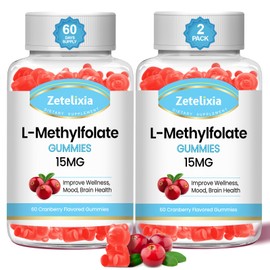 Zetelixia 2 Pack L-Methylfolate 15mg & Methyl B12 Gummies, Folate Supplement for Brain Health, Mood & Immunity, DNA Synthesis & Repair, Sugar Free, Vegan, Cranberry Flavor, 120 Count