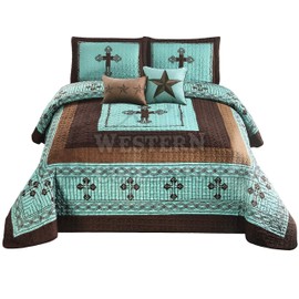 Western Peak 5 Pc Western Texas Cross Lodge Barbed Wire Quilt Bedspread Shams Pillow Oversize Comforter (Turquoise, King)