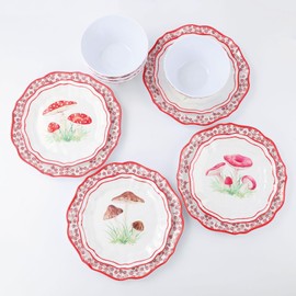 UPware 12 Piece Mushroom Melamine Dinnerware Sets, Outdoor Dishes Set, Plates and Bowls Sets, Service for 4, Red