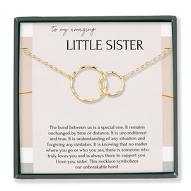 HOPE LOVE SHINE Little Sister Gift - Little Sister Necklace, Jewelry 16+2", 14k Gold Plated Sterling Silver, 2 Interlocking Rings