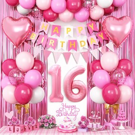 16th Birthday Decorations for Girls,Hot Pink 16th Birthday Balloons with Happy Birthday Banner Fringe Curtain Heart Foil Balloons for 16 Year Old Birthday Decor