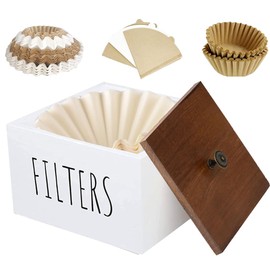 ESEHGS Coffee Filter Holder, Wooden Coffee Filter Container Coffee Filter Storage with Lid, Rustic Coffee Filter Dispenser Basket for Coffee Bar Decor, Farmhouse Coffee Bar Accessories (White)