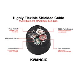 KWANGIL 4C 18AWG AMSB Shielded Cable Wire (UL2464) - Highly Flexible Str TC, PVC Ins, OS+TC BRD, PVC JKT for CNC Machine, Stepper Motor, VFD Spindle (Matte Black 25FT)