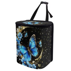 Oramclsy Butterfly Moon Print Car Trash Bag with Zipper Leakproof Car Trash Can Bin Auto Garbage Bag Collapsible Automotive Organizer Hanging Car Garbage Can