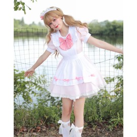 FCCAM Maid Dress Maid Outfit Maid Cosplay Maid Costume Maid Dress Maid Costume Waitress Costume, Pink, XL