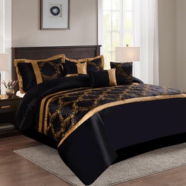 HIG 7 Piece Bed in A Bag Comforter Set Queen - Black and Gold Faux Silk Fabric Embroidered - Breathable and Wrinkle Resistant -1 Comforter, 2 Shams, 3 Decorative Pillows, 1 Bedskirt