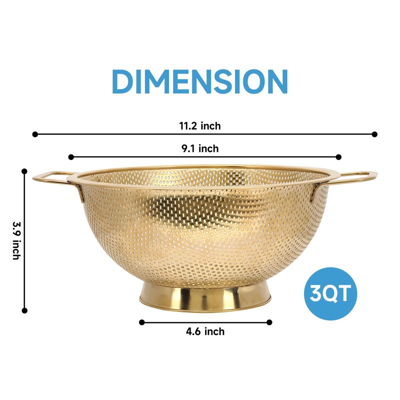 Gold Strainer for Kitchen, 3QT, Stainless Steel Colander with Handle