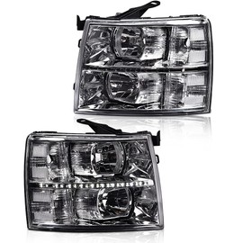 CNNELL LED Headlights Assembly Compatible with 2007 2008 2009 2010 2011 2012 2013 2014 Chevy Silverado LED DRL Strip Headlight(Clear lens Chrome Housing Clear Reflector)