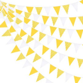 32Ft Yellow Party Decorations Buffalo Plaid Checkered Fabric Triangle Pennant Banner Flag Bunting for Wedding Bridal Shower Birthday Baby Shower Engagement Bee Sunflower Lemon Theme Party Supplies