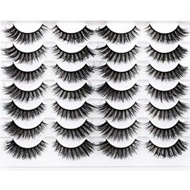 False Eyelashes Natural 3D Lashes, 14 Pairs Cat Eye Russian Strip Lashes, Fluffy Reusable D Curl False Eyelashes Cat Eye Fake, Wispy 14MM Volume Faux Mink Pack