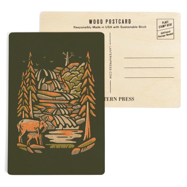 Deer and Waterfall, Distressed (4x6 Birch Wood Postcards, 2-Pack Stationary,