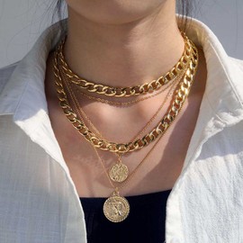 YienDoo Boho Multilayer Coin Necklace Vintage Gold Chunky Link Cuban Chain Choker Disc Coin Pendant Necklace Rock Statement Layered Coin Necklace Charm Jewelry for Women and Girls