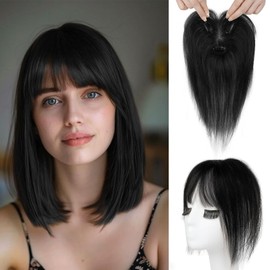 REECHO Hair Toppers for Women Real Human Hair, Seamless Human Hair Toppers with Bangs, 360° 3D Cover Clip in Bangs Hair Extensions for Daily Wear, Natural Black