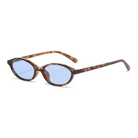 Long Keeper Retro Oval Sunglasses Fashion Small Oval Cat Eye Sun Glasses Vintage 90s Sunglasses Small Face Shades UV400 (Leopard Blue)