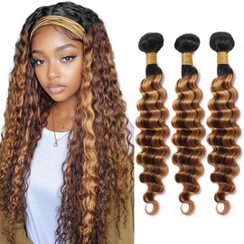 Niciitysi Highlight Blonde Deep Wave Bundles Human Hair T1BP4/27 Three Tone Brown and Blonde Deep Curly Bundles Double Weft Brazilian Hair Extensions for Women 16 18 20 inch