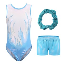Valcatch Leotards for Girls Gymnastics Kids with Shorts and Hair Scrunchie Long Sleeve/Sleeveless Sparkle Dance Leotard Athletic Ballet Dancewear 5-12 Years (G-blue, 9-10 Years)