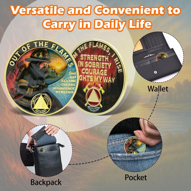 Leafence Firefighter AA Sobriety Coin Out of The Flames Recovery