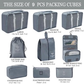 Packing Cubes Set of 9 - Multifunctional Suitcase Organiser for Compression Packing Cubes, Packing Cubes, Cosmetic Bag, Shoe Bag, Travel Gadgets (Grey, 9 Pieces)