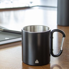 noTrash2003 Set di 2 tazze termiche in acciaio inox a doppia parete, tazza isolante, 300 ml, realizzate in acciaio inox riciclato con moschettone, attacco per zaino, campeggio, escursionismo, attività