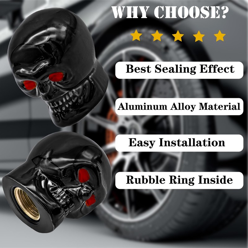 MEAJOO 4PCS Skull Style Tire Valve Stem Caps, with O
