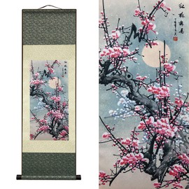 AtfArt Asian Wall Decor Beautiful Silk Scroll Painting Flowers - Plum - Red Plum Primula Primula Rubra Oriental Decor Chinese Art Wall Scroll Wall Hanging Painting Scroll (39 x 12 in)