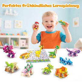 MOONTOY Pack of 24 Party Bags Children's Birthday Party Favours, 3-in-1 740 Pieces Mini Building Blocks Animals Construction Toy, Dinosaur Building Block Toy Birthday Party Gifts 3-12 Boys and Girls