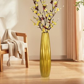 Gold Ceramic Tall Floor Vase,17.7 Inch Large Modern Flower Vases for Home Décor,Wicker Big Floor Vase Decorations for Farmhouse, Living Room,Bedroom,Standing Plastic Vase Decorative Tall