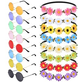Defrsk 8 Pairs Round Hippie Sunglasses Circle Sunglasses for Women Glasses Multicoloured Hippie Headband Disco Party (8PCS Red)