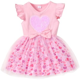 RETSUGO Kids Girls Ruffled Sleeve Dress Toddler Girls Heart Clothes Casual Bowknot Princess Party Tutu Dresses 4-5 Years 1094