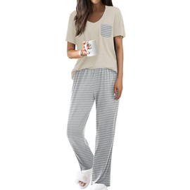 Famulily Lounge Wear Sets for Women Summer T Shirts With Long Pajama Pants Soft Pj Sets Lightweight Sleepwear Stripe M