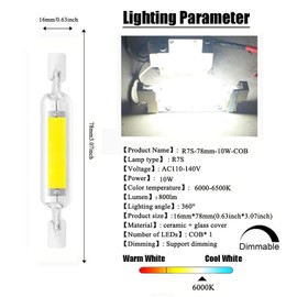 78mm 10W R7S LED Bulb 100W Halogen Equivalent 78mm J-Type 10W 120V R7S Base 6000K Cool White J Type T3 78mm Double Ended Flood Light Bulbs 360°Beam Angle Landscape Lights, Pack of 3