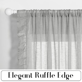 KGORGE Farmhouse Ruffles Curtains - Rustic Style Natural Linen Sheer Curtains Large Window Decoration Light & Airy Privacy Sheers for Nursery Cafe Dining Room, Grey, W52 x L108 inches, 2 Pcs