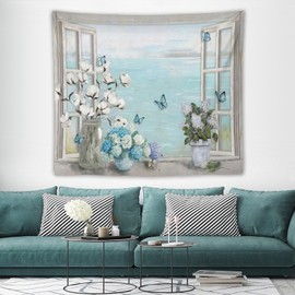 Gyejip Cotton Hydrangea Bathroom Tapestry Farmhouse Flower Butterfly Pictures Floral Wall Hanging Cotton Home Decorations College Dorm Decor for Bedroom Living Room Dorm 50"x60"