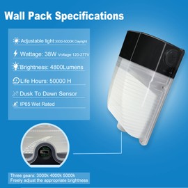 2 Pack LED Wall Pack Light,38W Dusk to Dawn Light with Photocell, Adjustable 3000K/4000K/5000K 4800LM Daylight 120-227V, IP65 Waterproof ETL Listed Wall Pack Lights Outdoor Led for Garage Warehouse