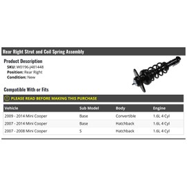 Rear Right Passenger Side Strut and Coil Spring Assembly - Compatible with 2007-2014 Mini Cooper 1.6L 4-Cylinder