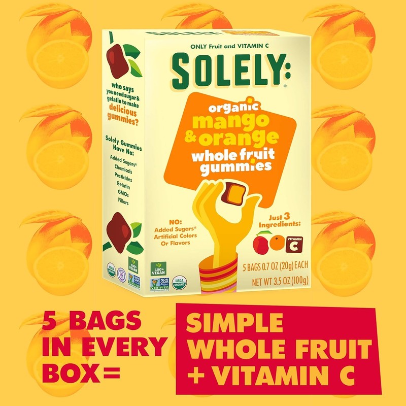 SOLELY Organic Fruit Gummies Variety Pack, Mango, Orange, Guaba, and