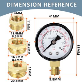 Innfeeltech 1 Pcs 40mm Well Pump Pressure Gauge BSP 0-14 Bar 0~200 Psi with 3 Pieces Bushing 1/4", 1/2", 1/8" to 3/8", One Teflon Tape, Radial